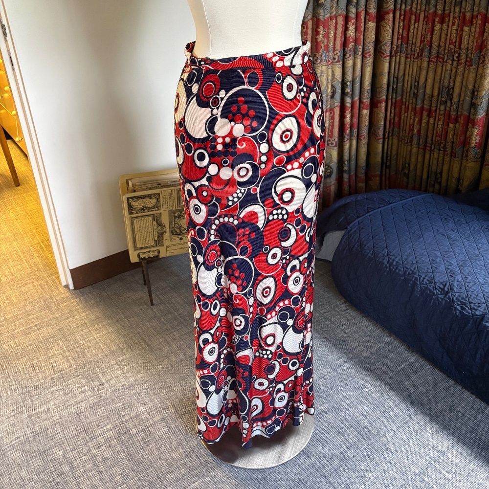 Ankle Length vintage skirt with red, white and blue pattern.